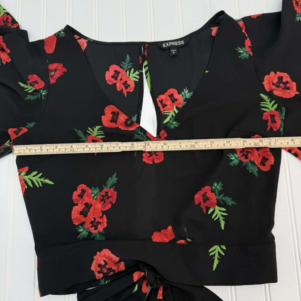 Express Floral Blouse Tie Back Flutter Sleeve Open Keyhole Back Black Red Small - Picture 4 of 6